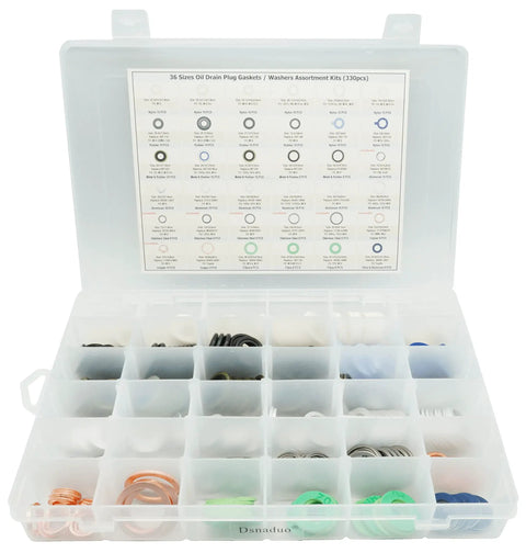 330 Piece Oil Drain Plug Gasket Set With Nylon Gaskets 36 Sizes Assortment Kit For M12 And M14 Replacements in plastic organizer