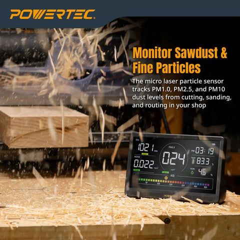 Badass 7 Inch Rechargeable Air Quality Monitor For Woodshops And Garages Monitoring Co2 Pm25 Pm10 Hcho Tvoc With Sharp Color Lcd Screen and Loud Safety Alerts on a workbench with sawdust.