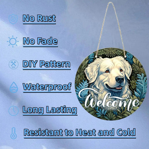 12 Inch Round Aluminum Sublimation Door Hanger Blanks with dog design, Welcome text, and rope for DIY wall decor
