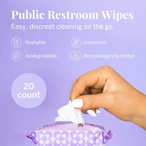Hand using wipe from purple pack marked '20 count' as part of Menstrual Disc Starter Kit With Medical Grade Silicone All Inclusive Set.