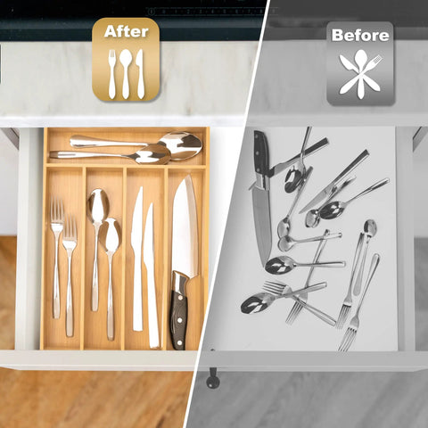 Smooth Bamboo Drawer Organizer With Five Deep Slots Keeps Kitchen Chaos Out Of Sight And Makes Grabbing Utensils Total No Sweat During Rush Hours, showing organized utensils.