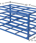 Rock Solid Steel Sheet Rack With Three Spacious Horizontal Shelves For Drywall Plywood Board Storage Four Sided Open Access Design No Fuss Setup Workshop Gear Holder Heavy Duty Two Thousand Pounds Per Tier Blue Finish dimensions and structure view.
