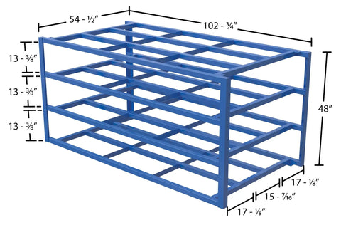 Rock Solid Steel Sheet Rack With Three Spacious Horizontal Shelves For Drywall Plywood Board Storage Four Sided Open Access Design No Fuss Setup Workshop Gear Holder Heavy Duty Two Thousand Pounds Per Tier Blue Finish dimensions and structure view.