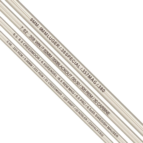 Top-Shelf Stainless Steel Bore Alignment Rod For 6.5 Creedmoor with caliber markings on rods, ideal for precise rifle alignment.