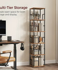 Solid Five Tier Freestanding Swivel Corner Bookshelf With Slick 360 Spin Rustic Industrial Storage Rack And Hassle Free Organization For Living Room Bedroom Or Hangout Spot in home office setting with books and decor.