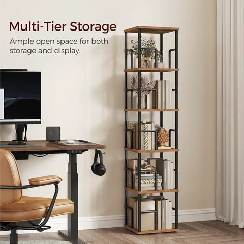 Solid Five Tier Freestanding Swivel Corner Bookshelf With Slick 360 Spin Rustic Industrial Storage Rack And Hassle Free Organization For Living Room Bedroom Or Hangout Spot in home office setting with books and decor.