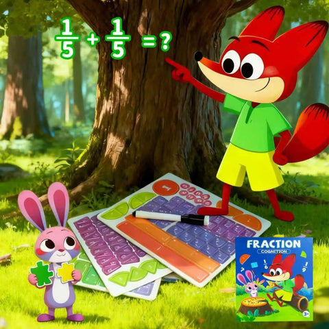 Cartoon animals teaching math with Magnetic Fraction Tiles And Circles Set For Hands On Math Fun, durable and eco-friendly.