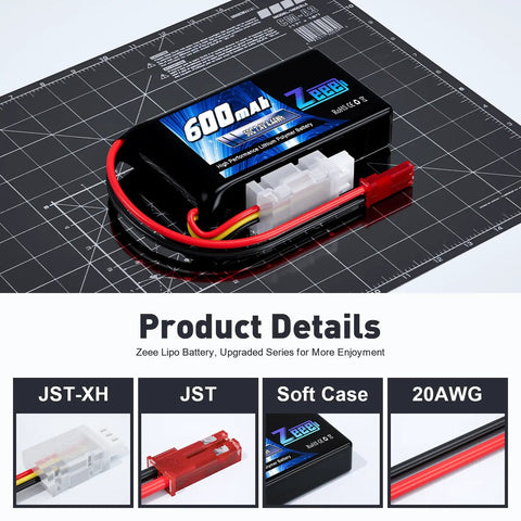 2S LiPo Battery 600mAh 7.4V 50C JST Connector For FPV Quadcopter Drone Helicopter RC Boat Car RC Models 2 Pack