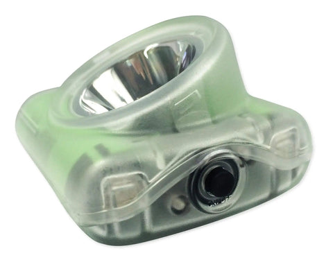 Close-up of Cordless Hard Hat Mine Light For Work Or Play With 265 Lumen High Beam And 50 Lumen Low Beam, green, non MSHA certified