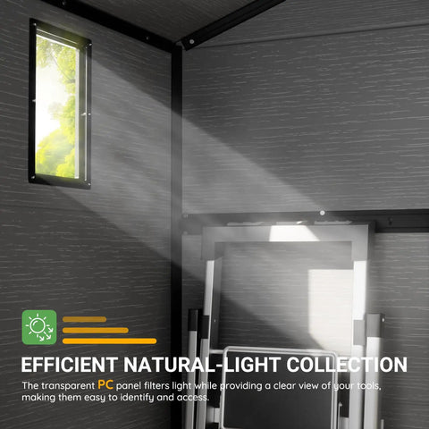 Interior of Spacious 6x4 Ft Plastic Storage Shed with natural light through window, showing durable resin walls.