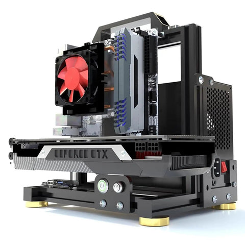 Open Frame PC Test Bench Rig With Aluminum Chassis For DIY Builds, showing side view with GPU installed, compatible with ITX MATX ATX.