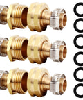 Solid Brass Garden Hose Repair Connector Kit With Clamps For Male And Female Fittings Five Eighth Inch US Thread Three Piece Set Includes Three Male And Three Female Ends With Stainless Steel Clamps And Rubber Gaskets No Leak