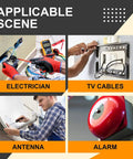 Collage showing electrician work, TV cable installation, antenna setup, and alarm system on applicable scene panel.