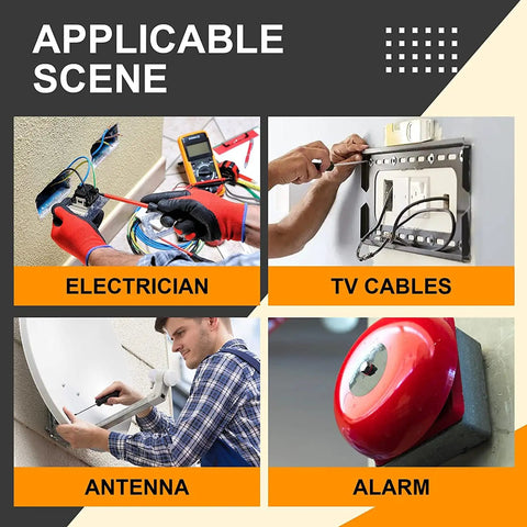 Collage showing electrician work, TV cable installation, antenna setup, and alarm system on applicable scene panel.