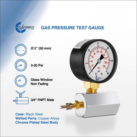 Workhorse Gas Test Pressure Gauge Assembly With Three Quarter Inch FNPT, 30 PSI And 200 kPa Dual Scale, Brass Valve, Chrome Plated Steel Body