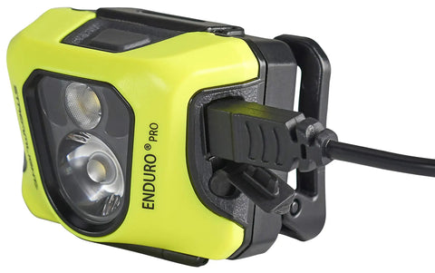 Close-up of Enduro Pro USB Rechargeable Headlamp With 200 Lumen Output And 2080 Candela, charging cable attached