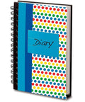 Colorful polka dot diary with blue label and black spiral binding