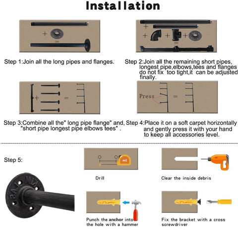 Installation steps for Wall Mount Iron Pipe Shelves Set 4 Tier Go-To Open Storage Brackets Hardware Only For Office Kitchen.