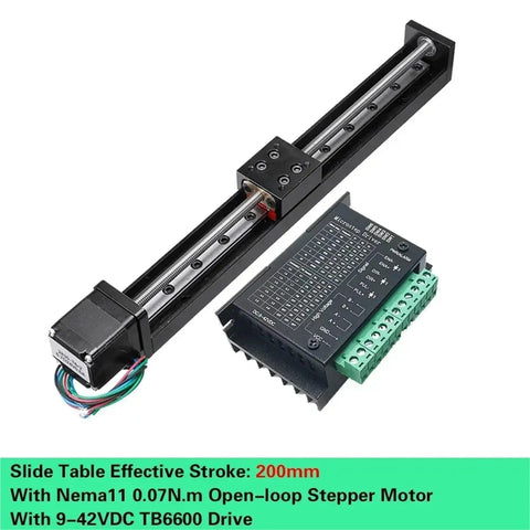 Rock Solid Motorized Slide Table With T Type Linear Guide Rail Stage And Mini Sliding Platform For Dead Nuts Accurate Z Axis Motion Control In Custom Automation Projects with Nema11 stepper motor and 200mm stroke.
