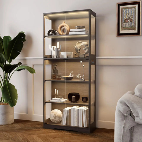Go-To Five Tier Glass Display Cabinet With Dimmable LED Lights And Motion Sensor, Espresso Wood Frame For Collectibles Like Action Figures, Model Cars, Or Memorabilia In Living Room Bedroom Or Office.