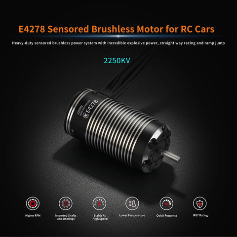 2250KV Sensored Brushless RC Car Motor For 1/8 Scale Monster Trucks, 3-6S LiPo Ready, IP67 waterproof design, showing features.