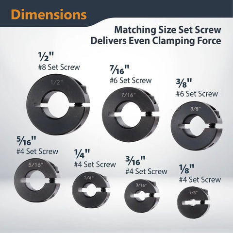 Must Have 7 Piece Drill Bit Depth Stop Collar Set With Hex Keys, sizes 1/8 to 1/2 inch, matching set screws visible