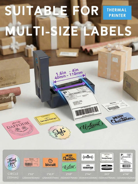 Bluetooth 4x6 Thermal Shipping Label Printer For Small Biz Wireless Label Printer with multi-size label options displayed.