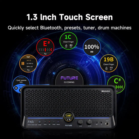1.3 inch touchscreen of 40W Touchscreen Guitar Amp With Built In Audio Separator Looper Drummer Mode 6 Hour Battery Reusable Effects App