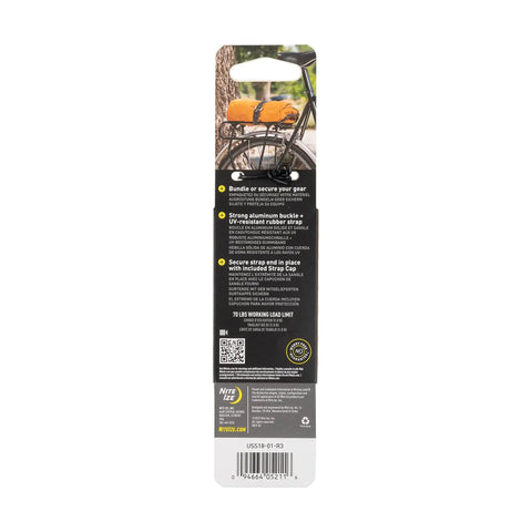 Packaging for All Purpose Utility Strap 18 Inch Tie Down With 70 Lb Load Capacity Ideal For Securing Bikes Gear Skis Tarps Ladders Cords And More On Racks Or In The Garage Heavy Duty Yet Stretchy And Easy To Use featuring product specifications and QR code on the back.