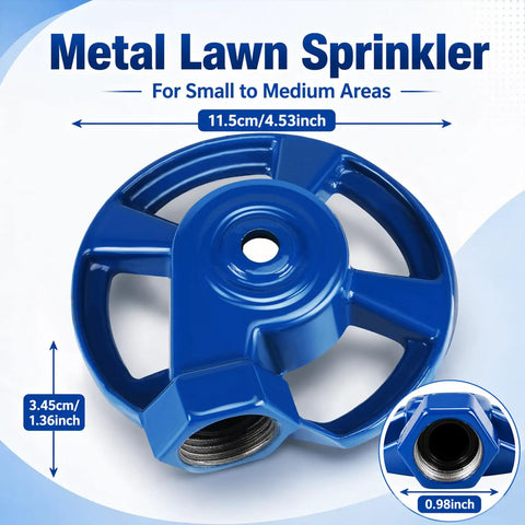 Heavy Duty Cast Iron Lawn Sprinkler For Yard And Garden Watering With American Threaded Joints Durable Weather Resistant Metal Sprinkler System Perfect For Irrigation And Lawn Care Blue Finish; dimensions shown