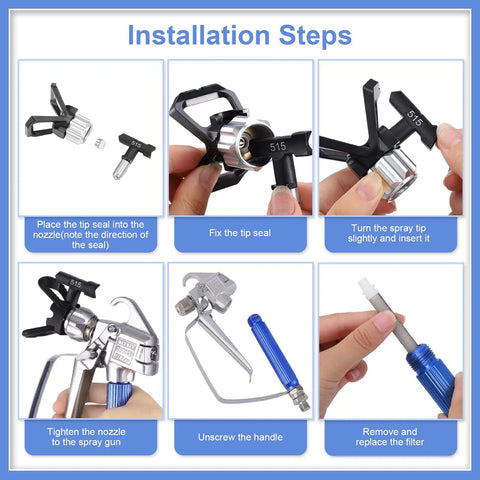 Installation steps for Heavy Duty Airless Paint Sprayer Gun Kit With Six Swappable Tips And Pop In Filters for seamless use.