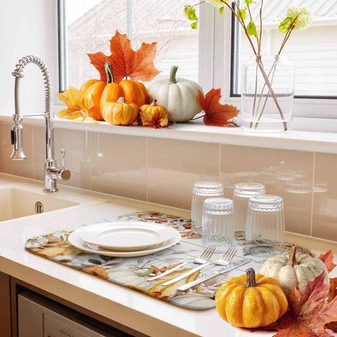 Fall Thanksgiving Dish Drying Mat Set With Pumpkin Leaves Design Absorbent Microfiber Over Cushioned Sponge Core 16 By 18 Inches Two Pieces White Yellow Orange Colorway For Kitchen Counter Machine Washable Quick Dry Must Have beneath plates and glasses on kitchen counter