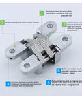 Heavy Duty Concealed Cross Hinge For Secret Doors Featuring Smooth Swing Motion And Stealthy Low Profile Hardware That Sits Clean Against Indoor Panels While Keeping Brackets Totally Invisible, stainless steel construction.