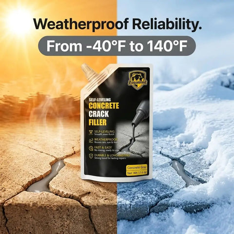 Rock Solid Self Leveling Concrete Crack Filler Two Pack Liquid Repair Sealant in a pouch against a weather change backdrop.