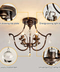Oil Rubbed Bronze Crystal Chandelier Vintage Semi Flush Mount 4 Light Small Metal Ceiling Fixture with labeled features