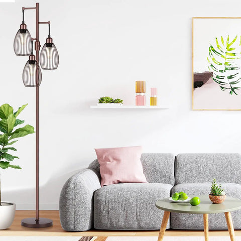 Dimmable Farmhouse Industrial Floor Lamp With Teardrop Cage Head, Includes 3 x 800LM LED Edison Bulbs, Tall 70 Inch, in living room