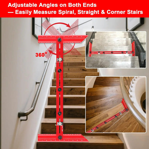 Professional Stair Tread Template Tool With Solid Aluminum Measuring Jig for 360° adjustable angles on stairs.