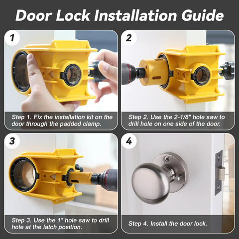 Door Lock Installation Kit With Tool Free C Clamp Design For Metal And Wood Doors Includes 2 Adjustable Bushings Bi Metal Hole Saw And Anti Warp Backing Plates Yellow installation guide steps