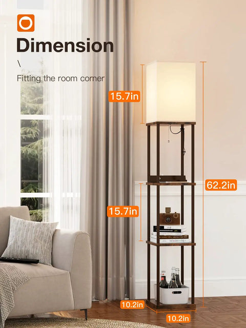 Shelf Floor Lamp With 2 USB Ports And Power Outlet, Remote Control LED Bulb, Brown Finish, showing dimensions in living room.