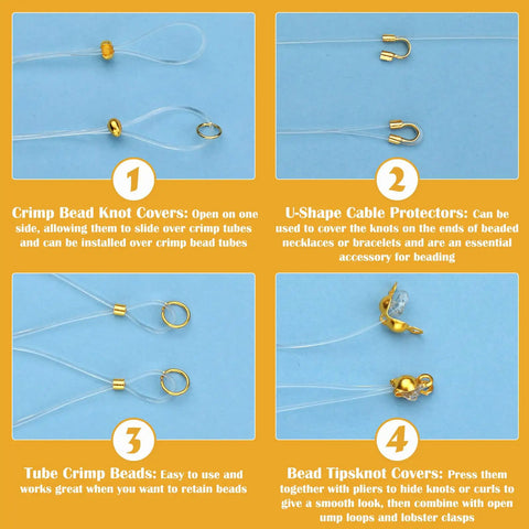 1320 Pcs Jewelry Making Kit With Crimp Beads Crimp Tubes Knot Covers Bead Tips Jump Rings And Lobster Clasps In Sturdy Storage Boxes For DIY Bracelets And Accessories with illustrated guide of components and uses.