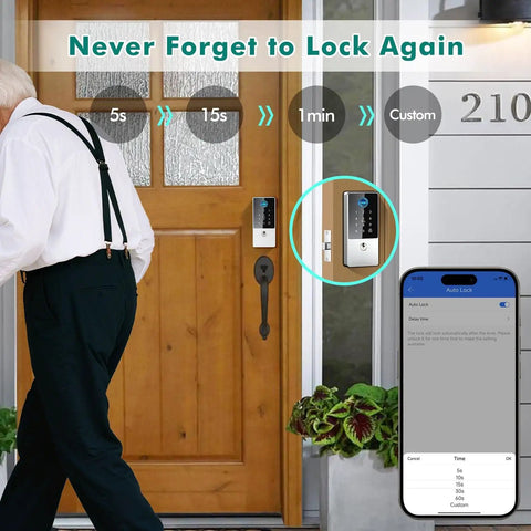 Keyless Smart Lock Deadbolt With Fingerprint And App Control For Home, Rental, And Airbnb installed on a front door.