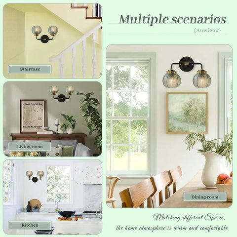 Two Light Black Bathroom Vanity Light With Retro Wall Sconce And Ribbed Green Glass Shades Mid Century Modern Farmhouse Style Over Mirror Great For Bedroom Hallway Living Room
