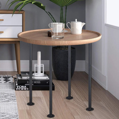 Round wooden table with Industrial Pipe Table Legs Four Pack For Custom Rustic Tables And Furniture Heavy Duty Farmhouse Iron Desk Legs 30 Inches