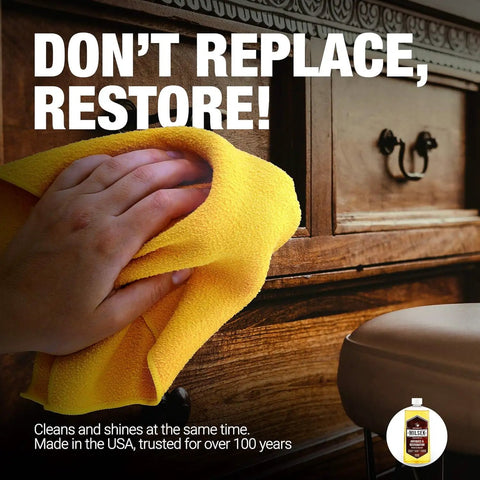 A hand using a yellow cloth to wipe antique furniture, showcasing Antique Restoration Wood Polish And Cleaner Delivers A Top Shelf Formula Loaded With Real Organic Oils For Furniture Care While Knocking Out Grime And Leaves A Hella Smooth Protective Shine On Every Surface.