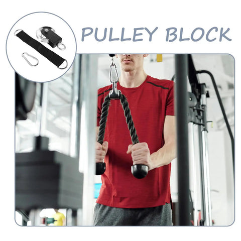 Beefed Up Heavy Duty Pulley Set For Home Gym Cable System With Aluminum Alloy Wheel, Strap And Carabiner, Smooth Bearing Design For DIY Strength Training And Replacement Pulleys. Home gym pulley block with strap and carabiner used on cable machine