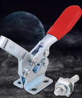 Heavy Duty Horizontal Toggle Clamps Clutch Tight Grip For Woodworking Jigs Welding Fixtures Electroplated Rustproof Steel Shop Built Assembly Hardware 5 Piece with red handle.