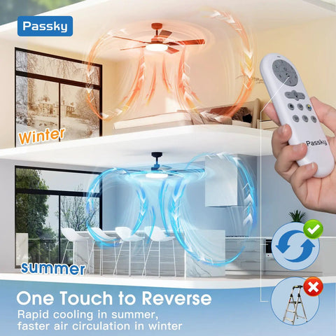 52 Inch Ceiling Fan With Light And Remote, Dimmable 3CCT, Reversible, Quiet Noiseless Black Ceiling Fan For Bedroom And Living Room, Energy Efficient Fast Cooling, showing heating and cooling modes with remote control in hand.