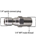 Side view of pressure washer quick-connect plug, 1/4-inch NPT male thread, metal fitting.