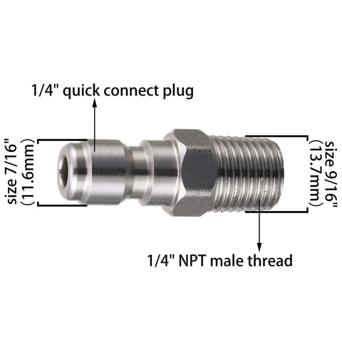 Side view of pressure washer quick-connect plug, 1/4-inch NPT male thread, metal fitting.