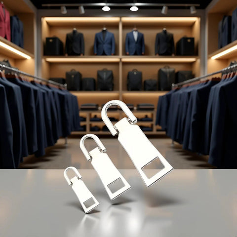 3 Pack Silver Zipper Pull Replacements Set For Luggage, Backpack, Jacket And Coat Repairs on display in a store.